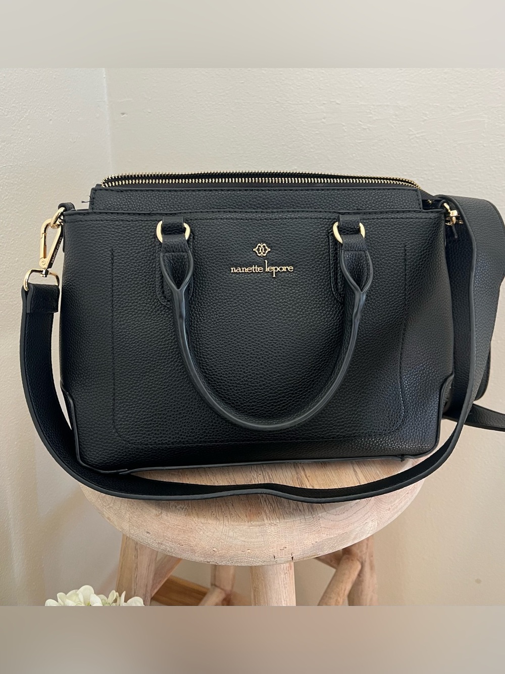 Nanette Lepore Black Leather Satchel with Gold Hardware